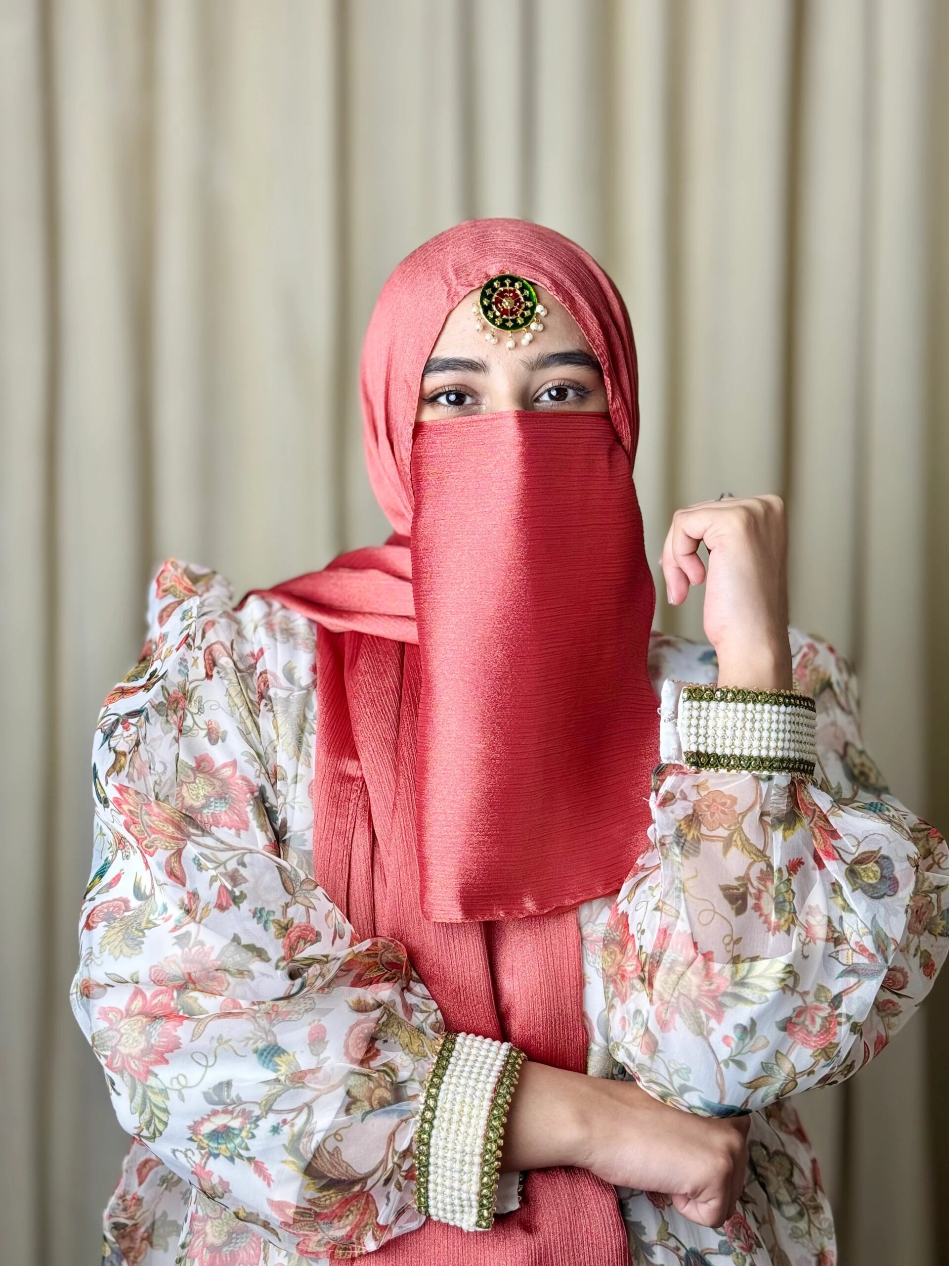 Silk Hijab And Niqab Set - Coral
